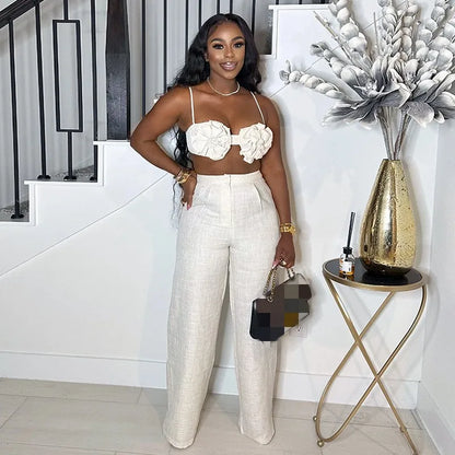 Joskaa Elegant 2 Piece Sets Women Sexy 3D Flower Crop Camisole and Straight Leg Pants Matching  Summer Vacation Streetwear