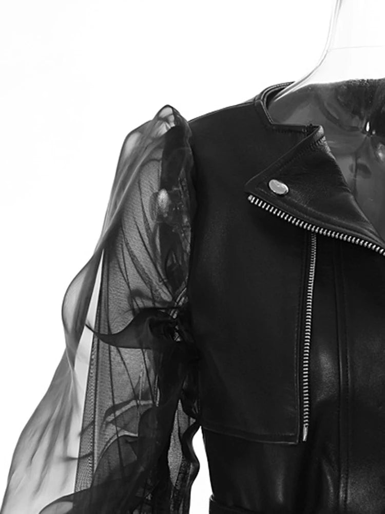 [EAM] Loose Fit Black Pu Leather Mesh Elegant Jacket New Lapel Long Sleeve Women Coat Fashion Tide Spring Autumn 2024 17A8517