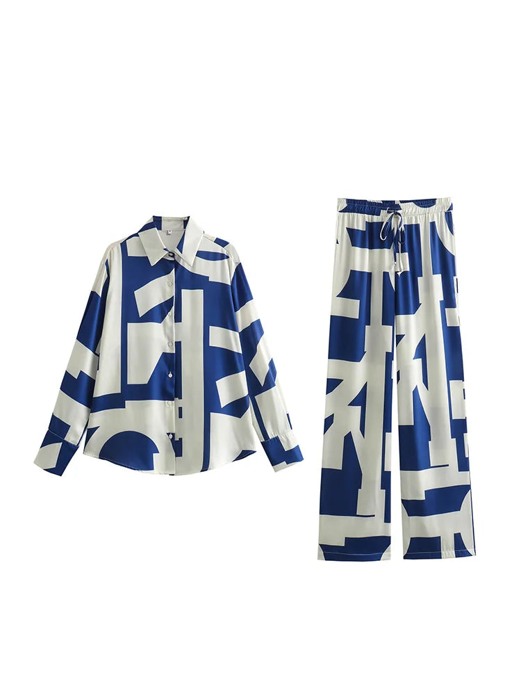 2024 Fashion Geometric Print Two Piece Sets For Women Long Sleeve Shirt And Wide Leg Trousers New In Matching Sets Co Ord Outfit