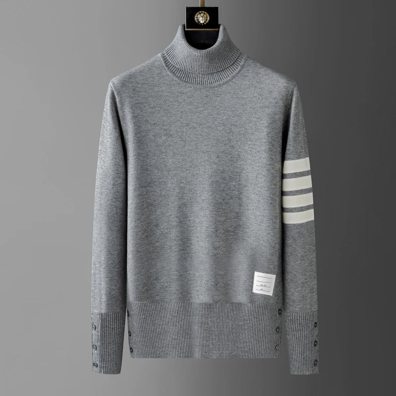 Luxury brand men's high neck sweater autumn and winter new Korean fashion stripe design with split hem high-end casual pullover