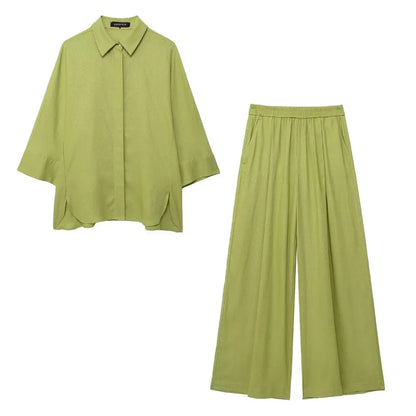 TRAFZA  Women 2 Piece Set Elastic Waist Pocket Folds Decorate Wide Leg Pants+Solid Single-Breasted Slit Hem Blouse Top