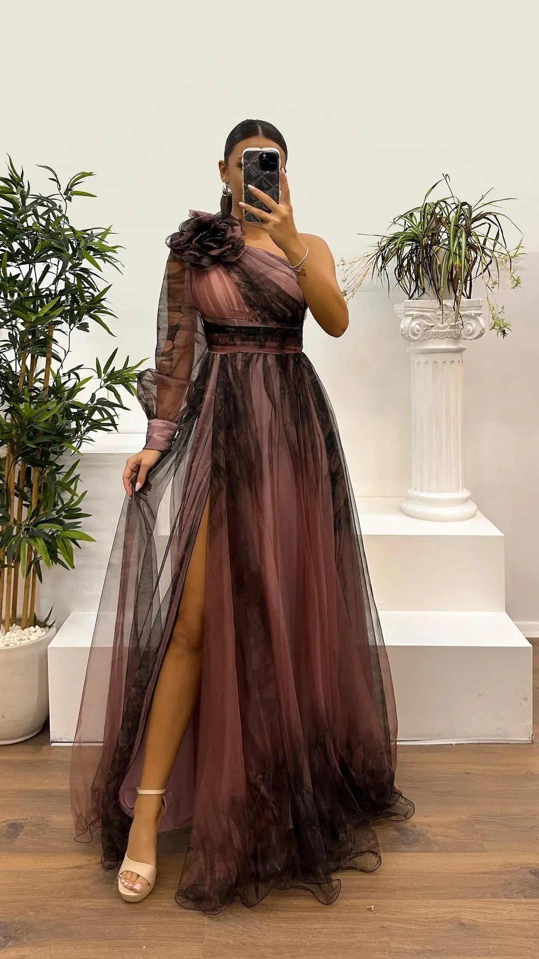 2025 Women Evening Dress Off Shoulder Pleated Long Lantern Sleeve Split Hem Maxi Dress Rhinestone Decor High Waist Party Dresses