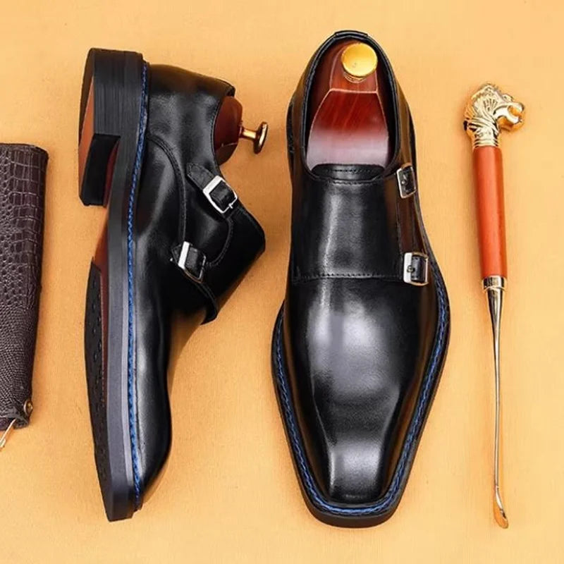 Hochwertige Herrenschuhe aus Rindsleder, eckige Zehenpartie, Doppel-Monk-Strap, Herren-Businessschuhe zum Hineinschlüpfen