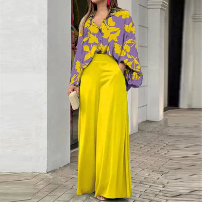 Spring Autumn New Women's Fashion Printed Single Breasted Shirt Solid Color Pants Casual Comfort Two Piece Set