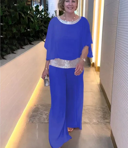 Spring Autumn Women's Clothing New Set Round Neck Fashion Glitter Color Blocked Bat Shirt Wide Leg Pants Set For Women