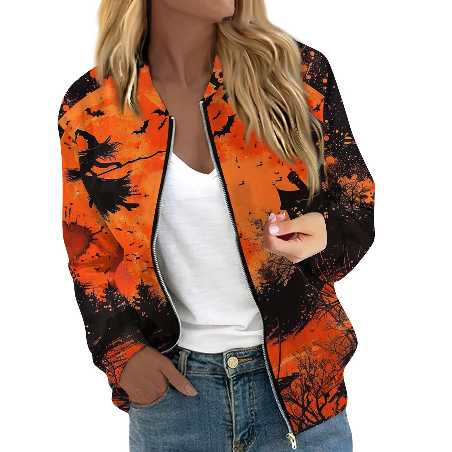 Women's Halloween Print Jacket Fashion Casual Long Sleeve O-Neck Zipper Jackets Top Fall all-match coat Women's autumn clothes