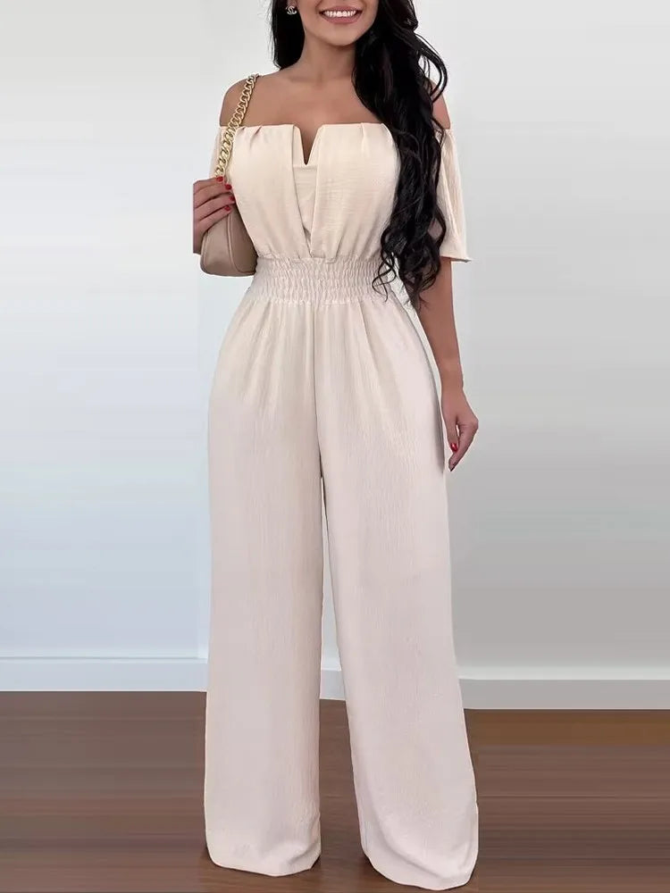 Sexy Solid Off Shoulder Jumpsuit Elegant V Neck Slim Fit Elastic Waist Jumpsuits 2024 New Office Lady Fashion Women Clothing