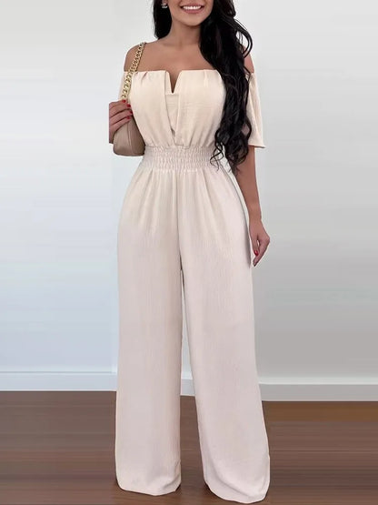 Sexy Solid Off Shoulder Jumpsuit Elegant V Neck Slim Fit Elastic Waist Jumpsuits  New Office Lady Fashion Women Clothing