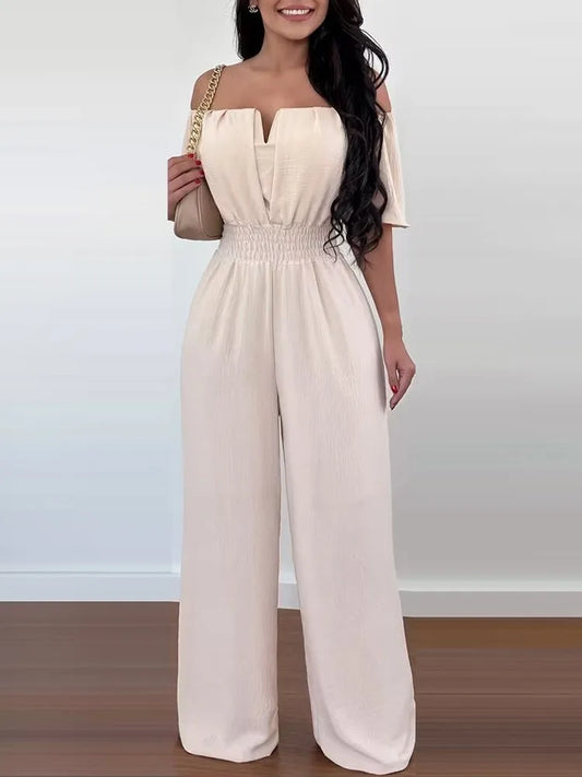 Sexy Solid Off Shoulder Jumpsuit Elegant V Neck Slim Fit Elastic Waist Jumpsuits 2024 New Office Lady Fashion Women Clothing