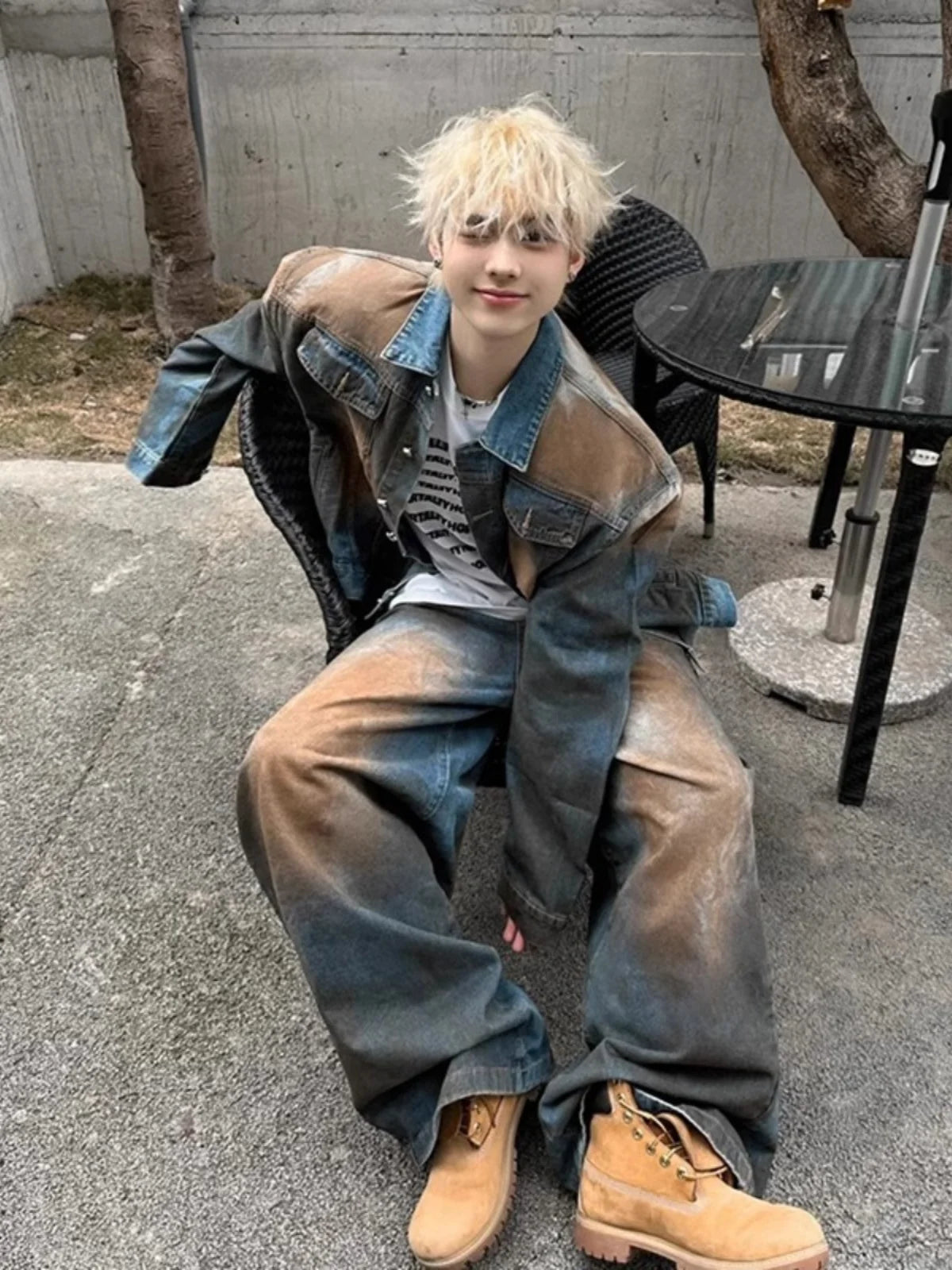 American Style Faded Denim Jacket And Pants Set Men's Trendy Vintage Washed Shoulder Padded Jeans Outerwear for Teens
