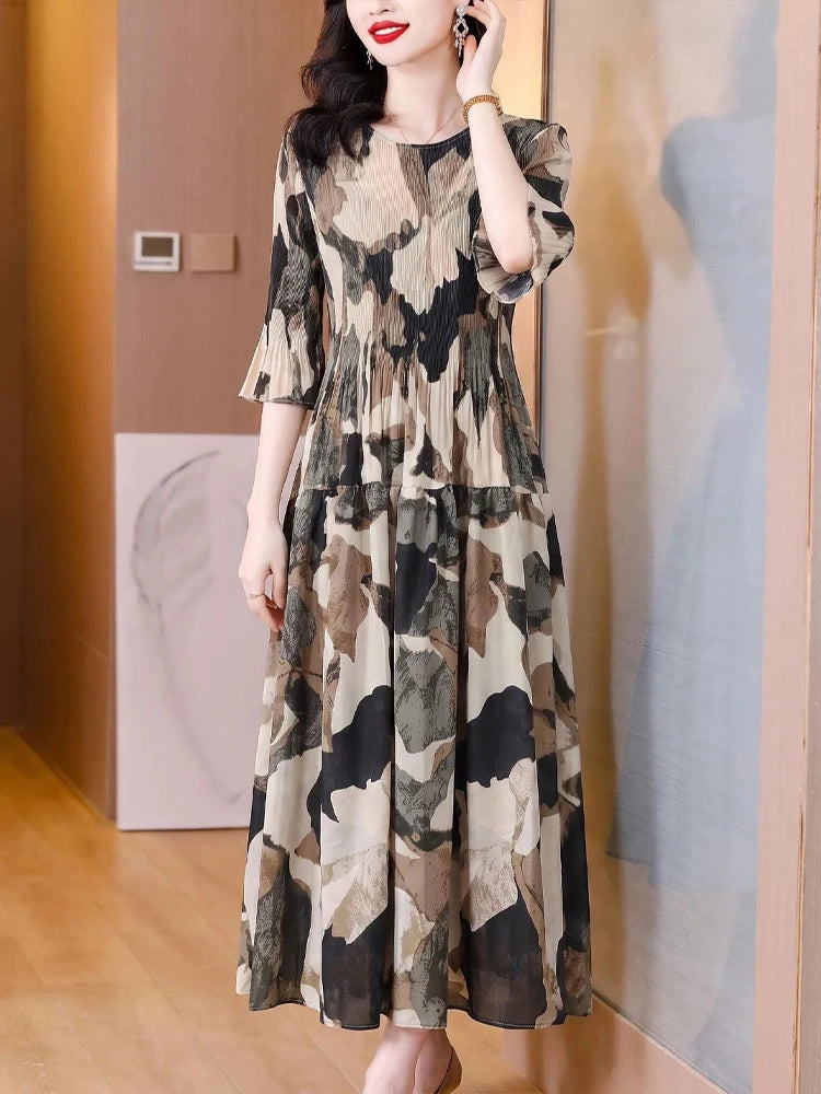 2026 Fashion Dresses for Women Elegant O-Neck Print Women Dress Slim Folds A-LINE Dress Women Vestidos De Verano Mujer Q6292
