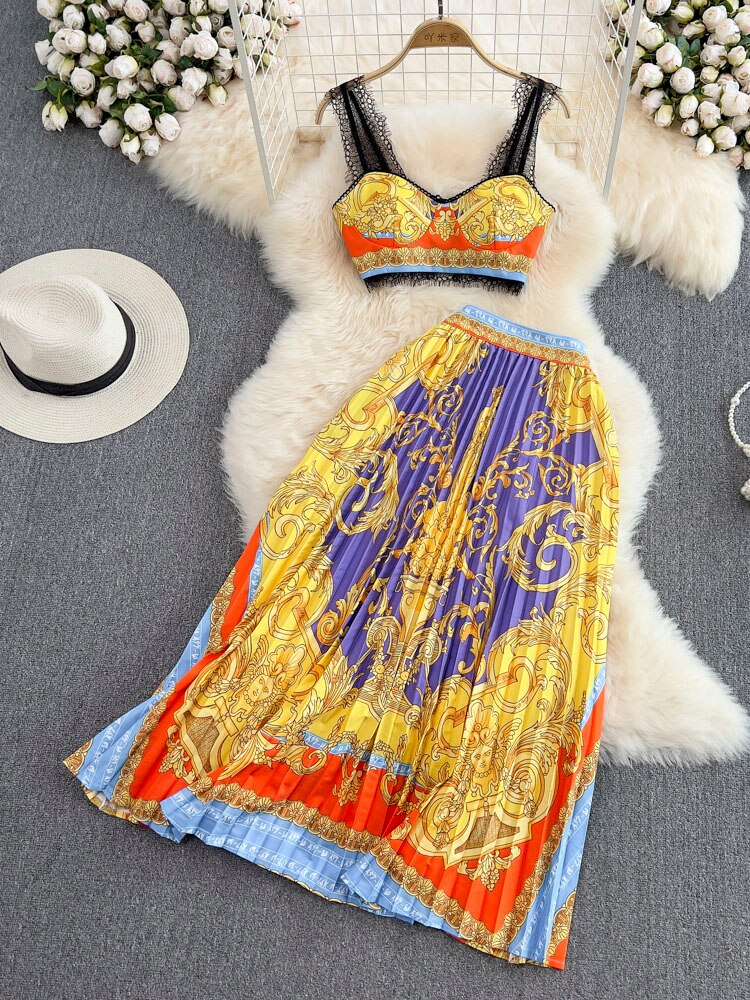 Gold 2023 Summer Fashion Designs Skirts Sets Women Outfits Indie Folk Print Sexy Two Pieces Lace Cropped Top Pleated Skirt Suit