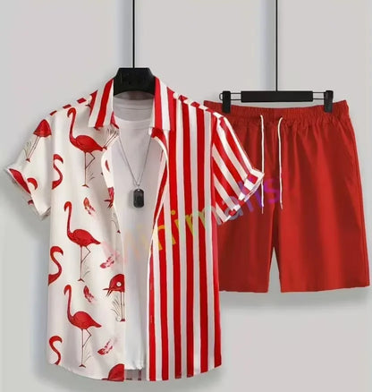 Comfortable Coconut trees leaves color blocking 3D Print shirt +Shorts Two Piece Set Short Sleeve Flip collar shirts half pants