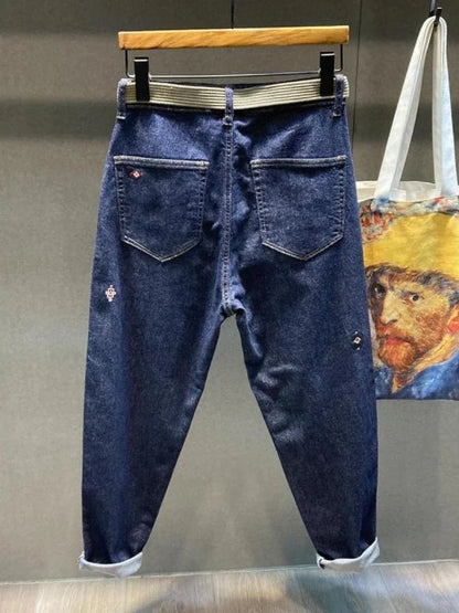 Man Cowboy Pants Embroidery Men's Jeans Cropped Harem Trousers Autumn Clothing Denim Plus Size 90s Streetwear Trend  Retro