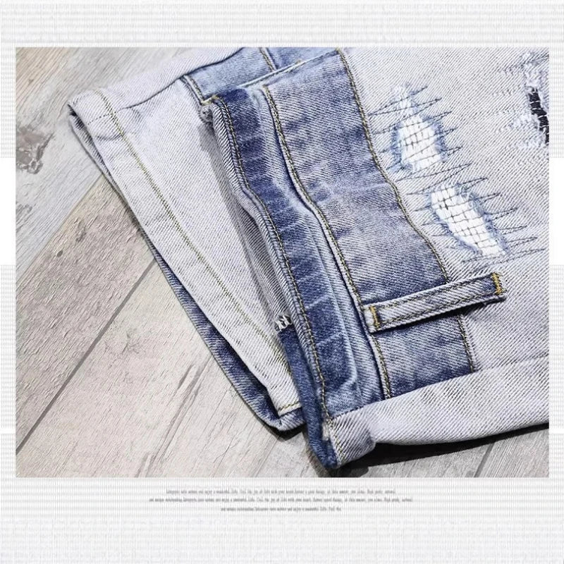 2025 Mens Distressed Denim Shorts Summer Washed Ripped Patchwork Paint Splatter Slim Fit Five Inch Jeans Y2K Vintage Hip Hop Fas
