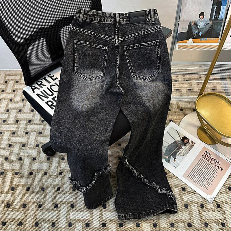 Men's Fringed Denim Set 2026 Spring New American Retro Washed Shoulder Padded Zipper Jacket Splicing Jeans Two Pieces Sets