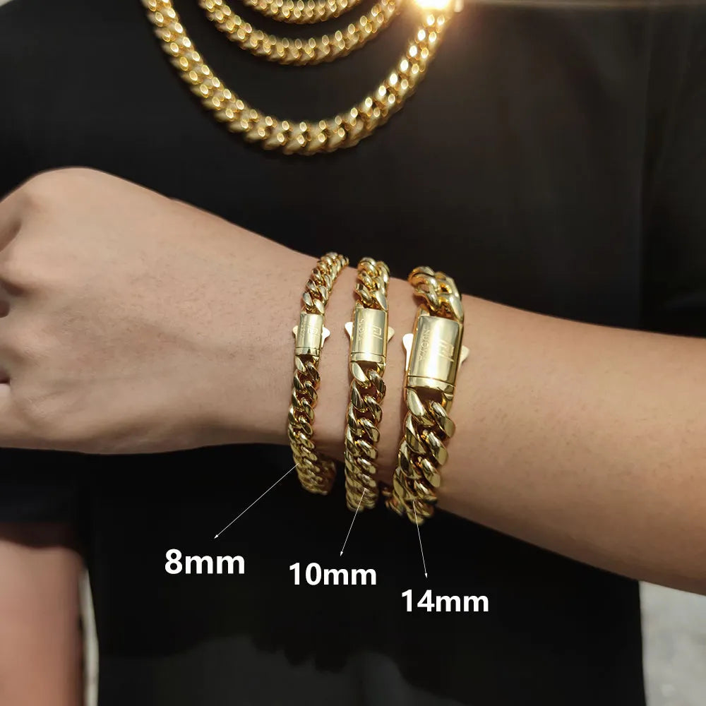 Hip Hop Rock Jewelry Free Custom Logo Name 18K Gold Plated Miami Cuban Link Chain Stainless Steel Bracelet For Men