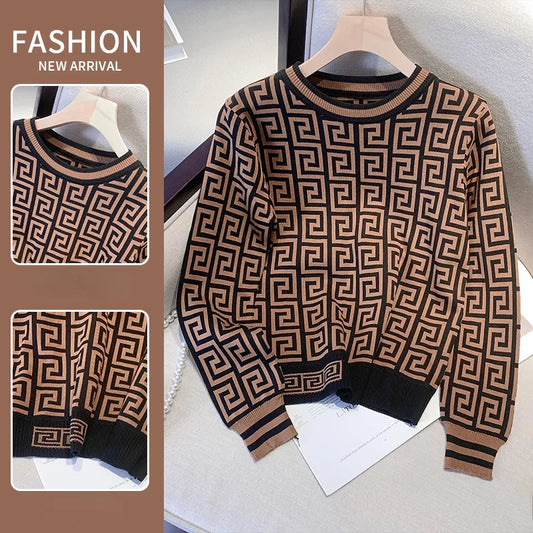 Autumn Winter Women Harajuku Retro Contrast Sweater Long Sleeve O-Neck Knitted Sweaters Vintage Casual Slim Pullover Jumper