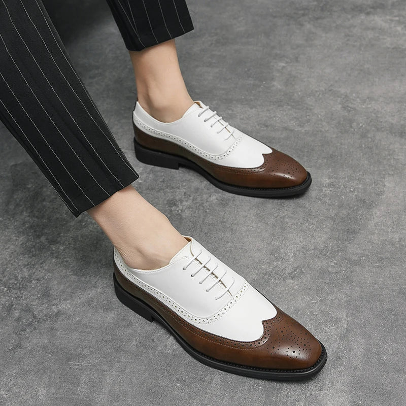 Herren Brogue-Schuhe mit Flügelkappe, Business-Oxford-Schuhe zweifarbig für Hochzeitsfeiern