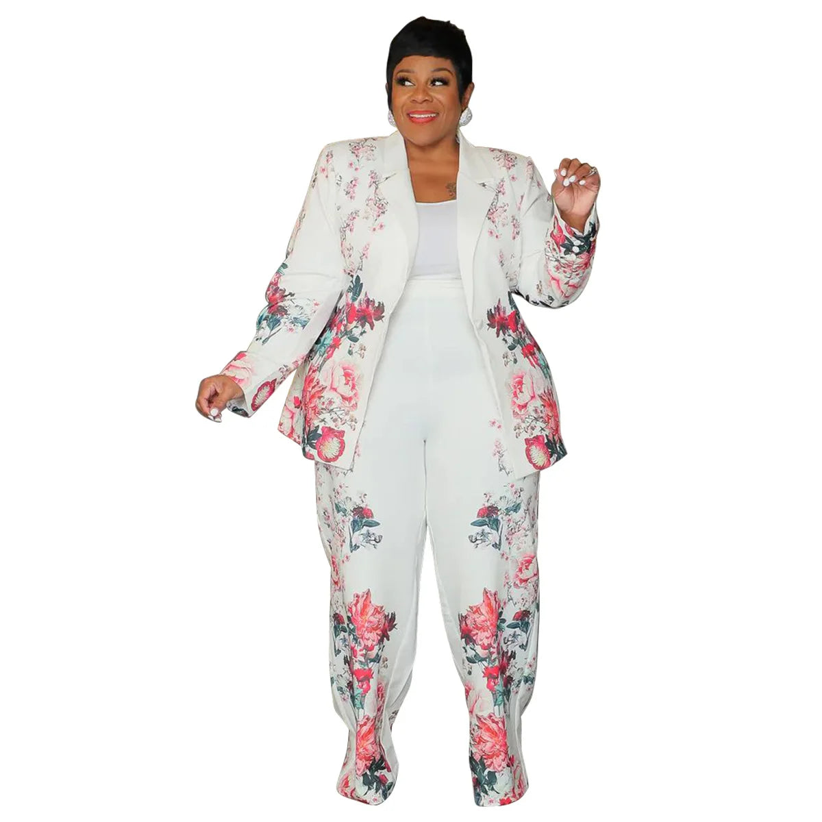 CM.YAYA Plus Size Women's Set Long Sleeve Floral Print Blazer +Wide Leg Pants Suit 2024 Fall Two 2 Piece Set Outfits Tracksuit