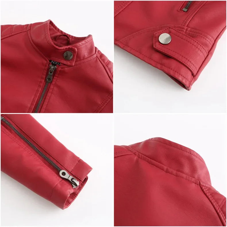Autumn New Women's Leather Jacket, Fashionable Trim Motorcycle Women PU Coat Black Purple Brown Tops Female Menteau