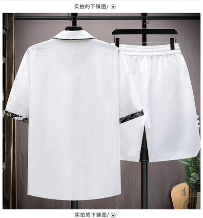 Summer Sets Men Fashion Print Short Sleeved Shirt Shorts Two-piece Men Chinese style Loose Set Mens Short Sets