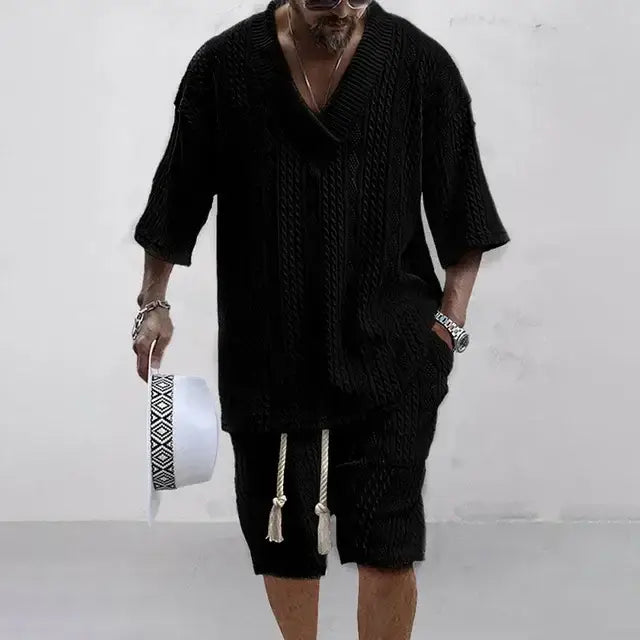 2024 Frühling und Sommer Lässiger Shorts-Set Gestrickter Zweiteiler Herren V-Ausschnitt Kurzarm-T-Shirt und Shorts Streetwear Gestricktes Set
