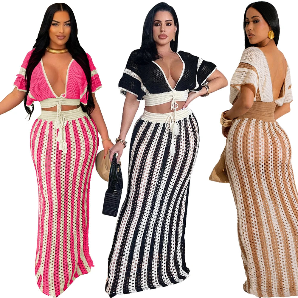 Summer 2 Pieces Women Sets Streetwear Beach Elegant Knitted Sexy V-Neck Hollow Striped Short Sleeve Top Two Piece Maxi Skirt Set