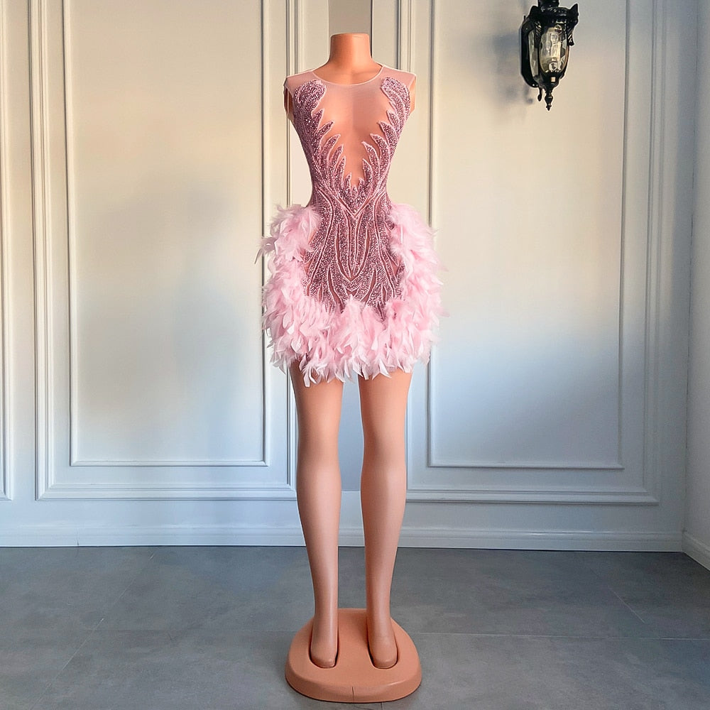 Luxury Sheer Neckline Women Cocktail Dress Pink Feather Black Girl Short Prom Dresses 2023 For Birthday Party