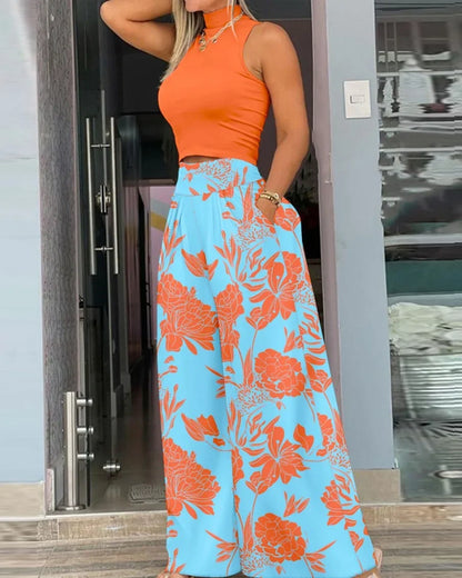 Women Two Piece Pant Sets Sleeveless Turtleneck Tops Pockets Wide Leg Pants High Waist Trousers Suit Elegant Office Ladies