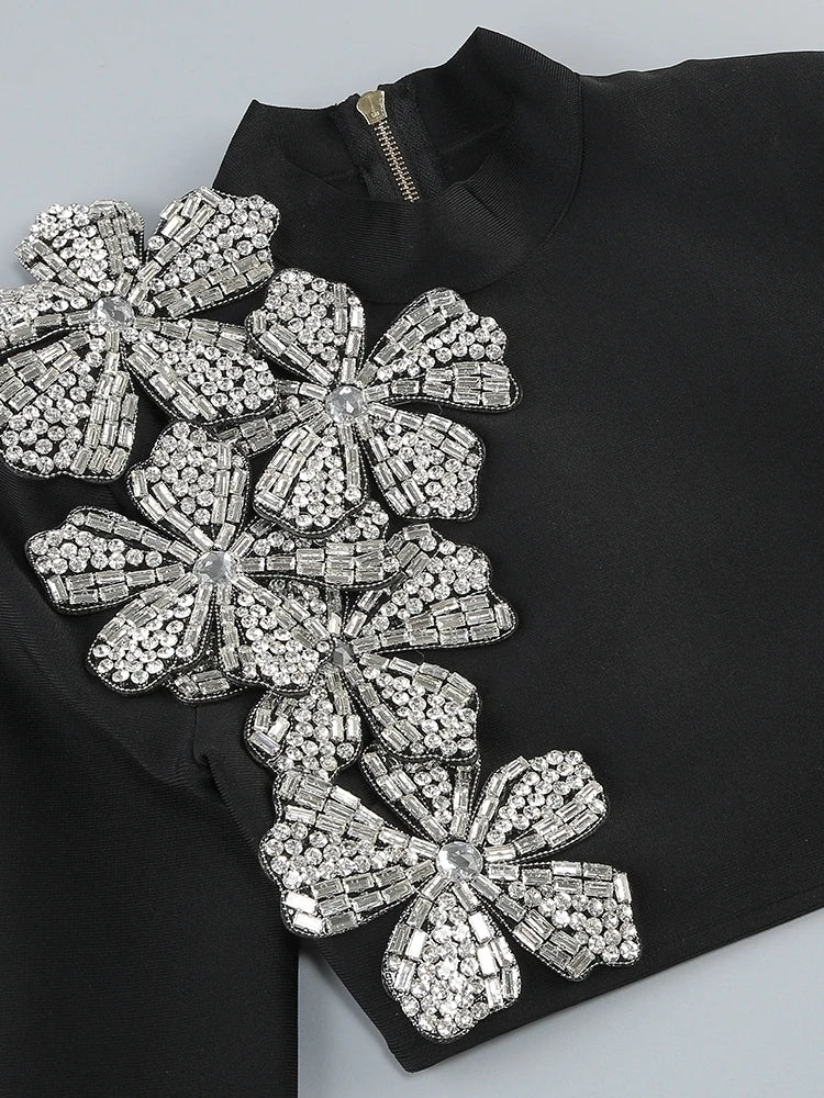 Sexy Long Sleeves Bandage 2-Piece Sets Women Turtleneck Shiny Diamonds Flower Top + Bodycon Mini  Skirts Suits Evening Party Set