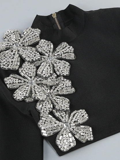 Sexy Long Sleeves Bandage 2-Piece Sets Women Turtleneck Shiny Diamonds Flower Top + Bodycon Mini  Skirts Suits Evening Party Set