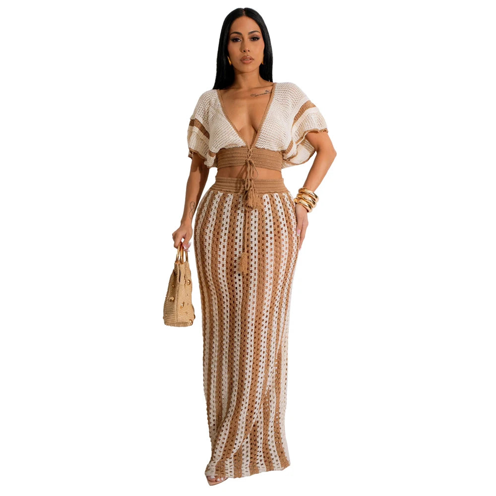 Summer 2 Pieces Women Sets Streetwear Beach Elegant Knitted Sexy V-Neck Hollow Striped Short Sleeve Top Two Piece Maxi Skirt Set