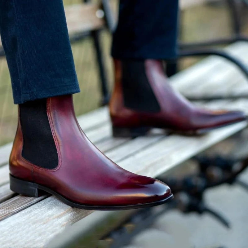 Red Bottom Chelsea Boots for Men Round Toe Slip-On Business Ankle Boots Size 38-46 Men Short Boots Zapatos Para Moto Hombre