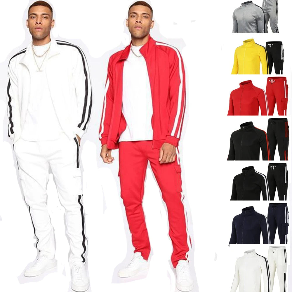Mens Training Tracksuits Sets Gym Kits Sportswear Red Breathable Tops With Cargo Pants Fitness Jogging Sport Suits Running Sets