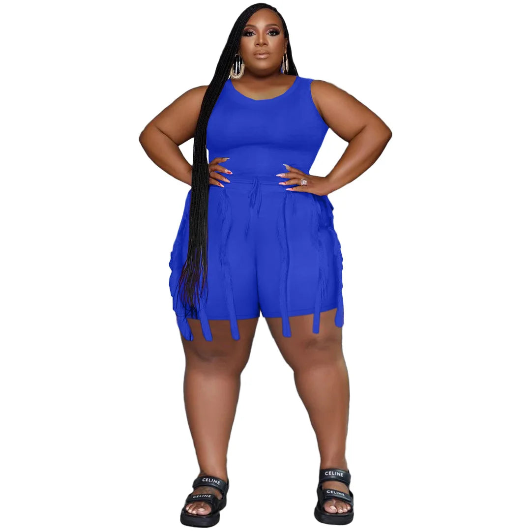 Plus Size Women Fashion Two Piece Set Knitted Bodysuit Top Tassel Shorts Casual Streetwear Female Tracksuit 2023 Spring Clothing