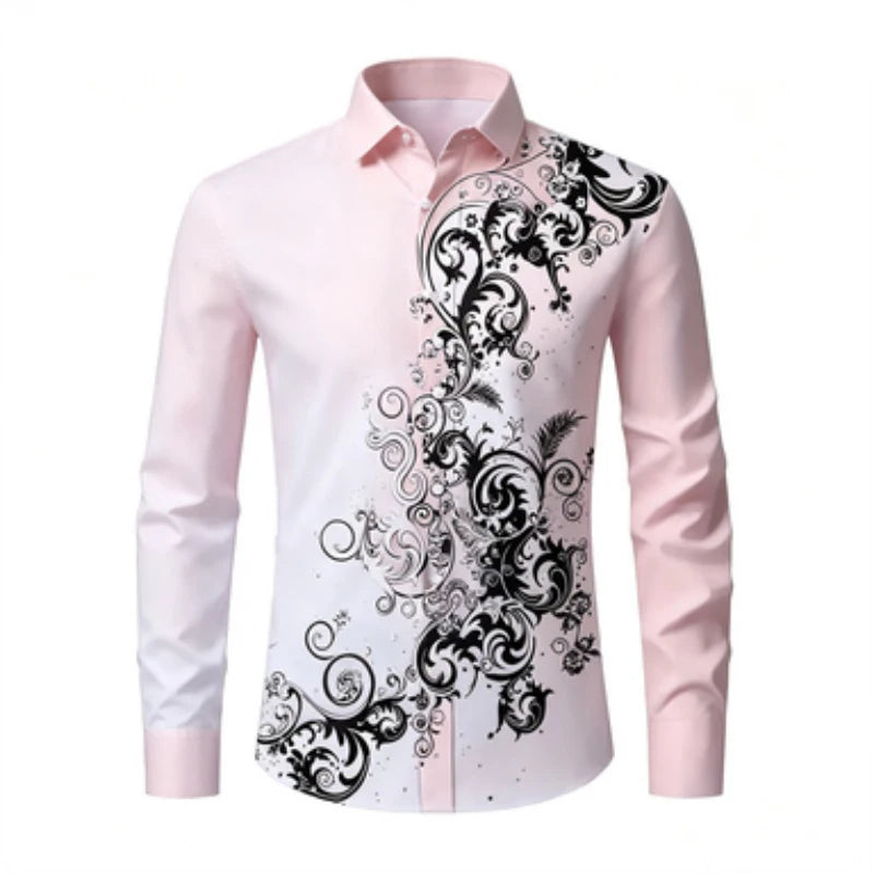 Men's long sleeved shirt, European and American men's printed long sleeved shirt, collared European patterned shirt, trendy casu