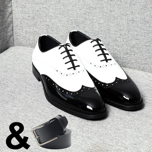 Elegant Man Dress Shoes White Black Genuine Leather Oxfords Wedding Party Social Shoes Male Wingtip Brogue Oxford Shoes for Men