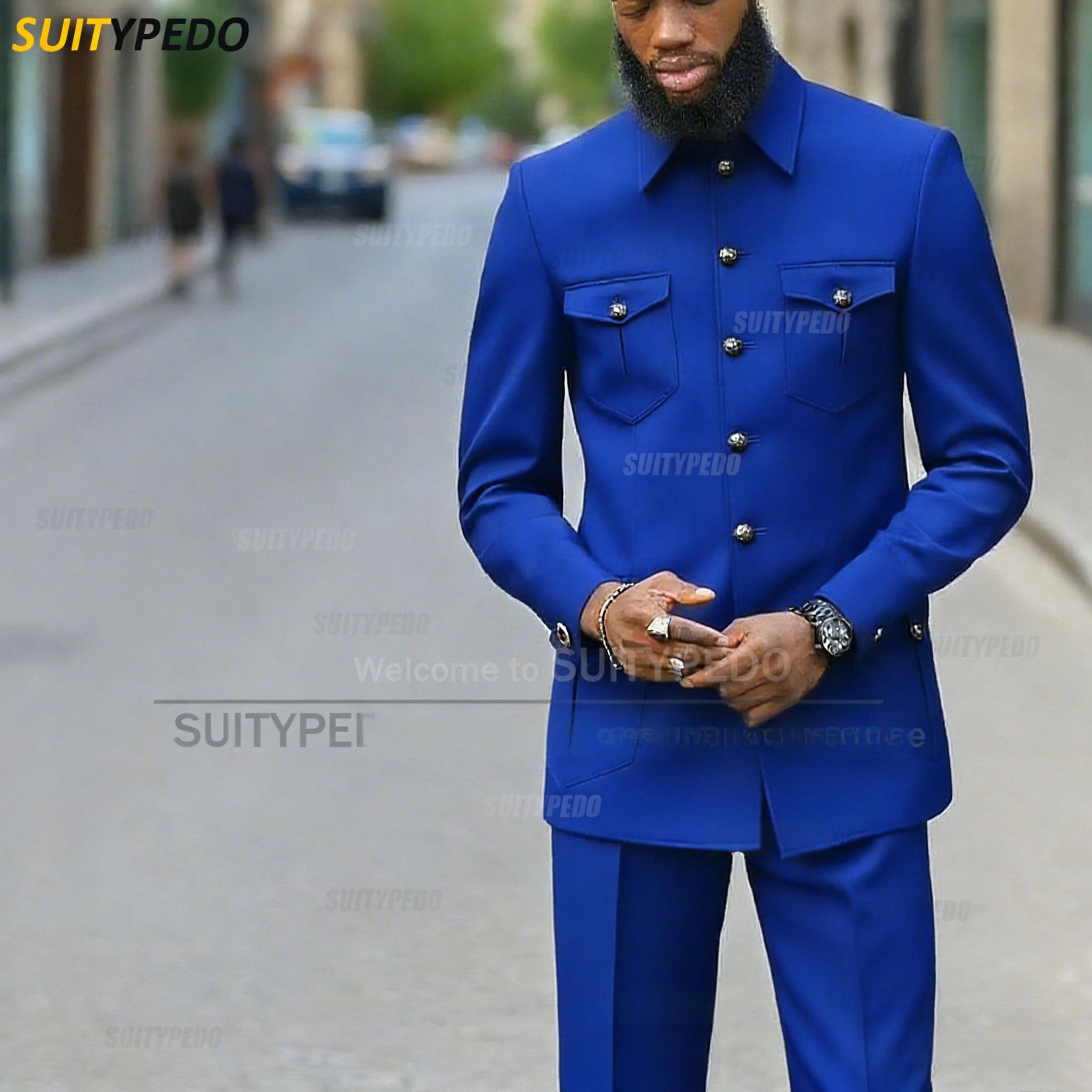 Fashion Stand Collar Men's Suit Newest Smart Casual Four Pockets Prom Formal Hommes 2 Pieces Blazer And Pants Sets Texudos