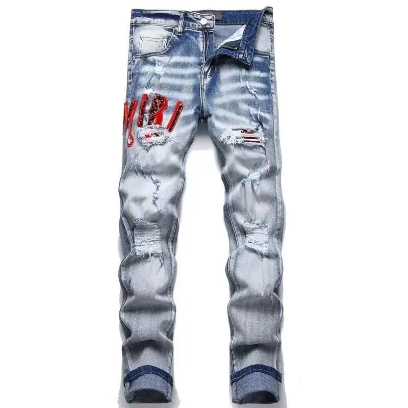 High Street Stretch Embroidery Men’s Jeans Ripped Streetwear Jeans Punk Style Pants for Man Slim Fashion Small Feet Men's Jeans