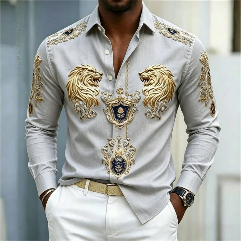 Men's shirt Baroque style shirt Lion head slim fit design long sleeved shirt Business casual street style men's clothing XS-6XL