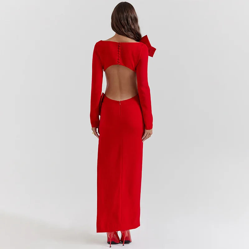 Gtpdpllt Elegant Split Red Bow Maxi Dress Party Club Outfits for Women Christmas Sexy Backless Cut Out Long Sleeve Dresses