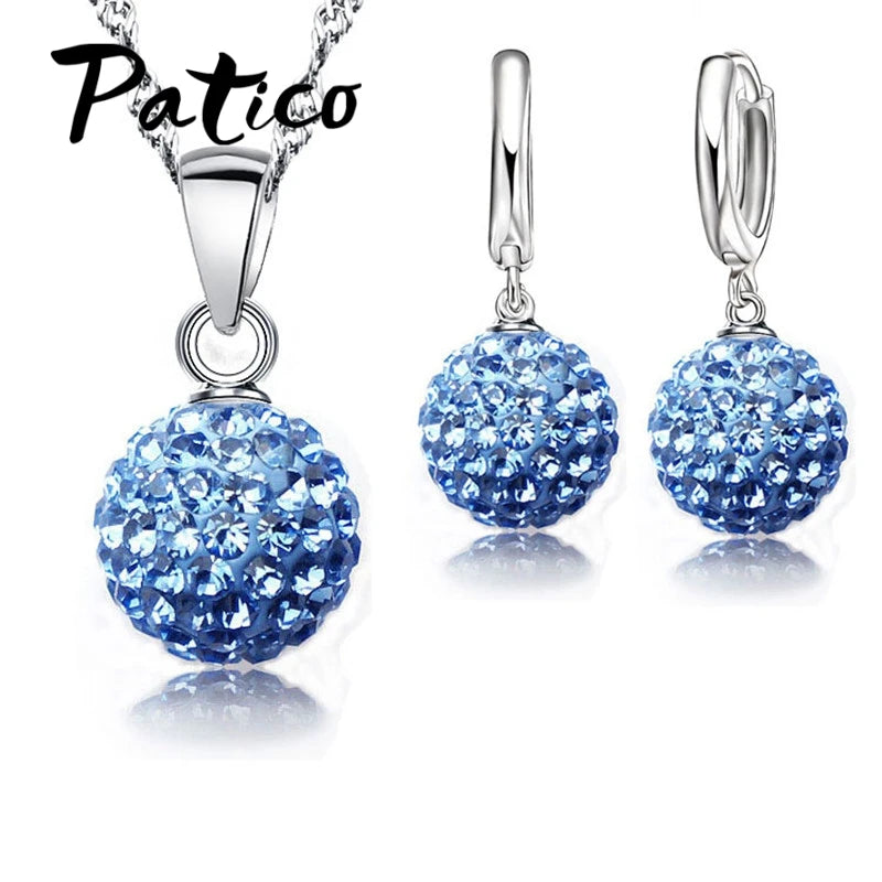 Hot New Jewelry Sets 925 Sterling Silver Austrian Crystal Pave Disco Ball Lever Back Earring Pendant Necklace Woman