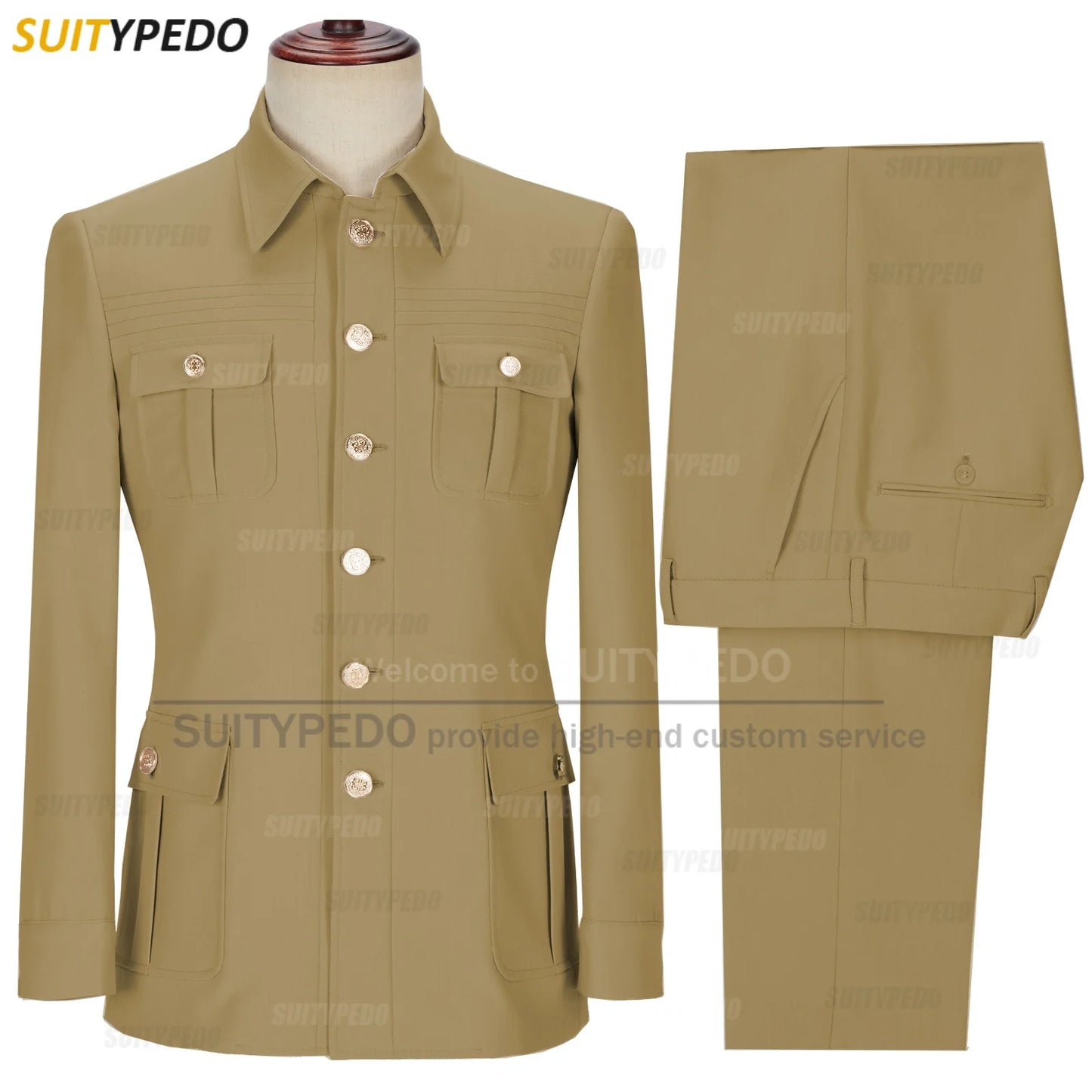 Neu eingetroffen Elegante 2-teilige Herrenanzüge mit schmaler Passform, modische Hochzeitsanzüge mit vier Taschen (Sakko + Hose) Goldknopf-Tuxedos