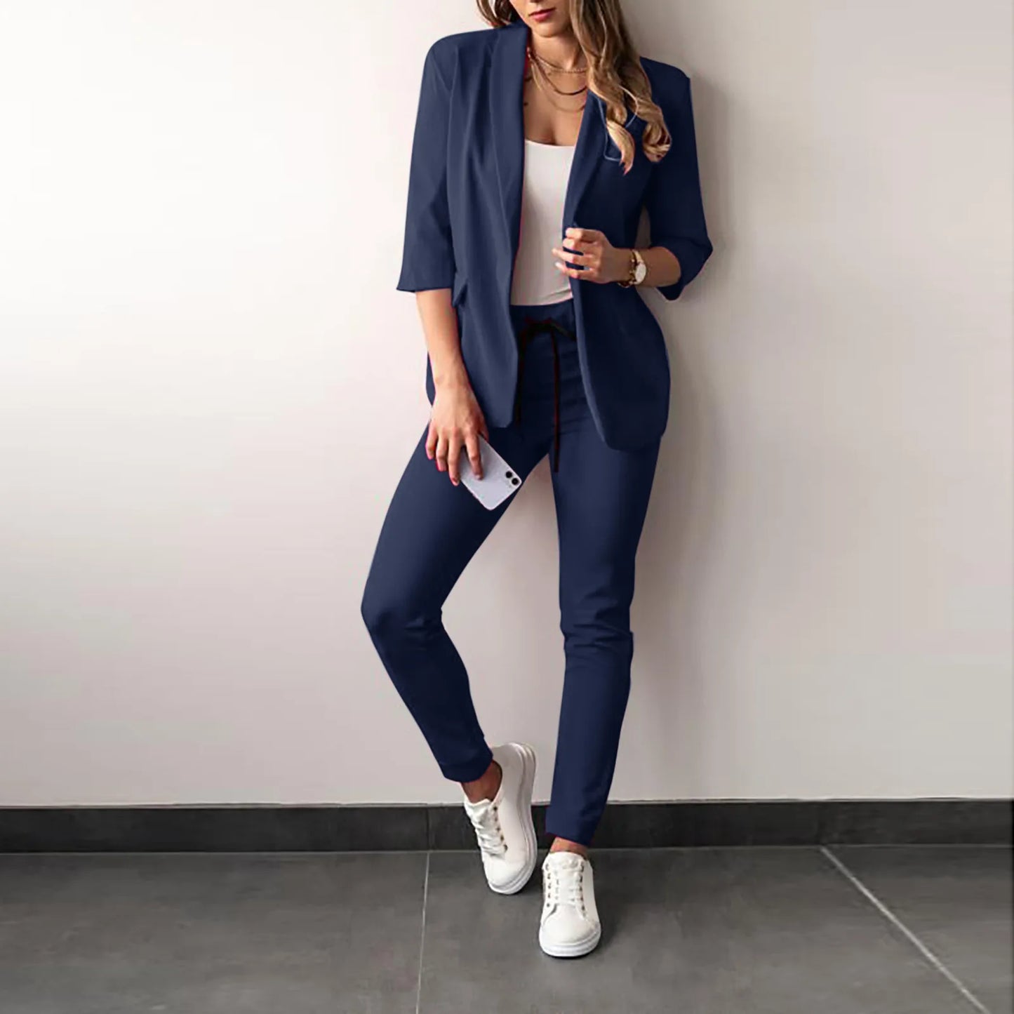 Women's Monochrome Casual Business Suit Temperament Commuting Pants Drawstring Elastic Waist Fashion Slit Suit Two-piece Set