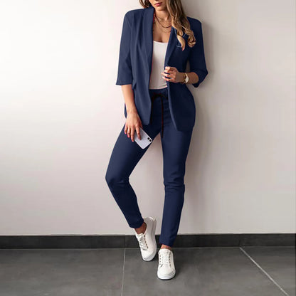 Women's Monochrome Casual Business Suit Temperament Commuting Pants Drawstring Elastic Waist Fashion Slit Suit Two-piece Set