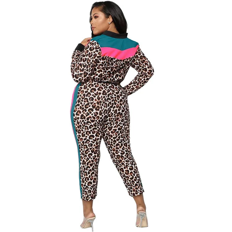 Two-piece Sets Plus Size Women's Clothing Spring Fashion Sexy Leopard Jacket + Pants Suit Casual Splicing Large Size Outfits