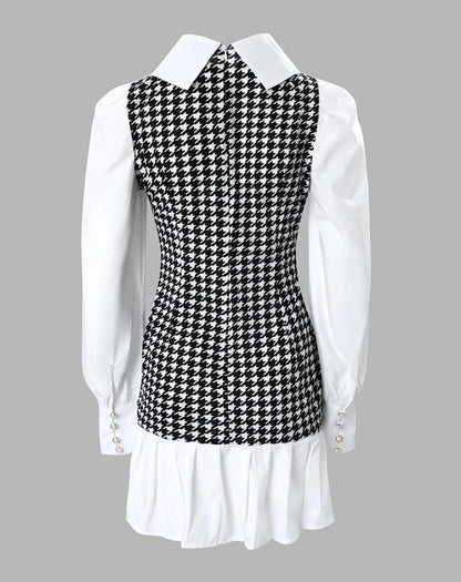 Womens Dresses  Spring Fashion Houndstooth Button Decor Puff Sleeve Ruffle Hem Elegant Turn-Down Collar Daily A Line Dress