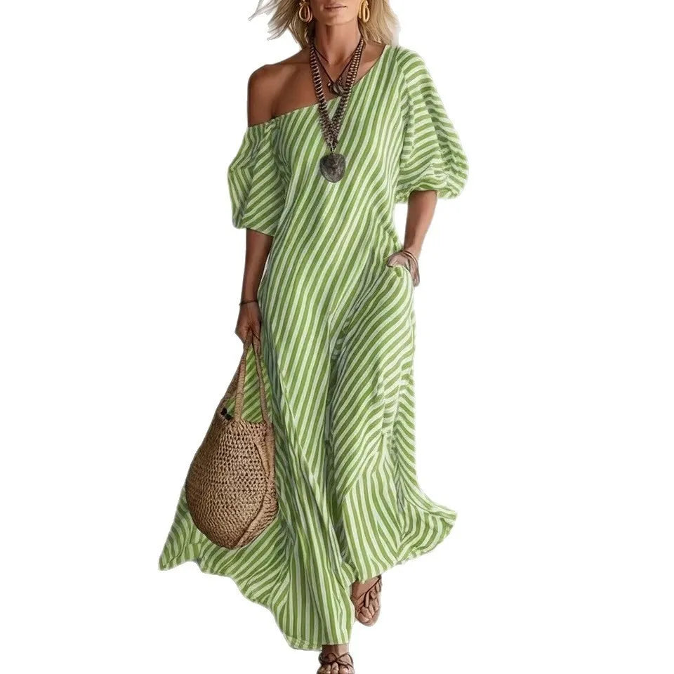 Summer Woman Dress Long Striped Off Shoulder Dresses Short Sleeve Maxi Dress Wrap Style Pink Striped Shirt Dress 's Women's