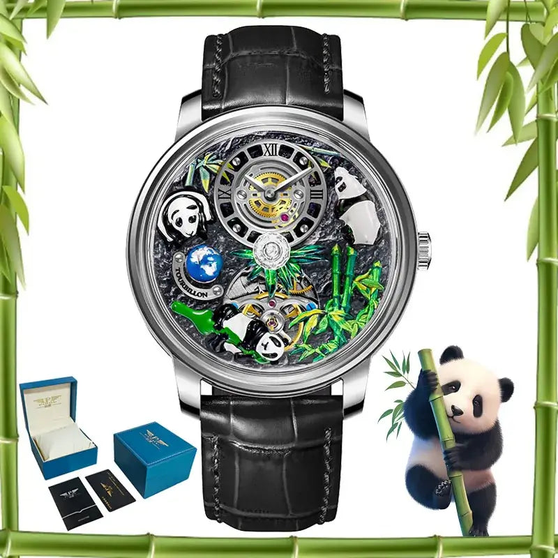 PINDU Dreidimensionale Panda-Zifferblatt-Uhren für Herren High-End Luxus Transparenter Hohlraum Vollautomatische mechanische Armbanduhr
